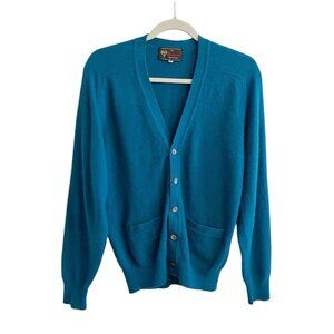 VTG DF Teal Blue 100% Cashmere Sweater Size 38 Long Sleeve Button Front Cardigan